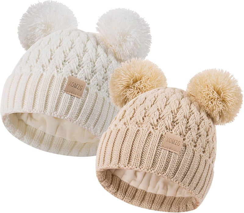 TYOMZG Toddler Winter Beanie Hat, Infant Winter Warm Knit Fleece Lined Cap for Girls Boys with Pom Pom for 0-36 Months 2 Packs - Image 1